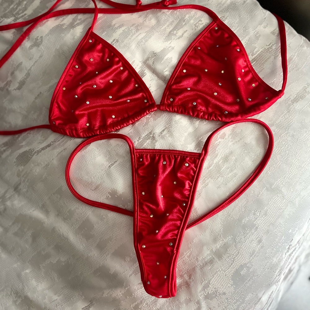 Red Rhinestone Crystal Stripper Bikini Set swim dance outfit
